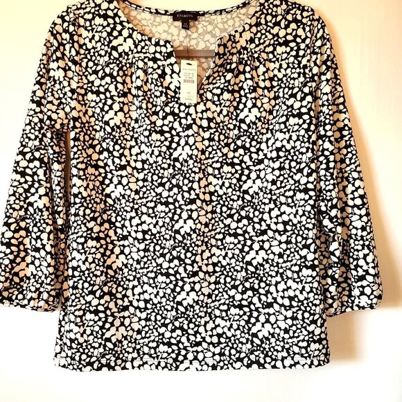 Talbots Tops - Talbots 3/4 Sleeve Slit Neck Jersey Top Size XS Black Cream Abstract Print NWT